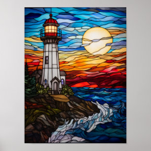 Poster Farol de Vidro Colorido ao Pôr do Sol sobre Rochas