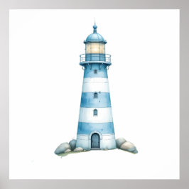 Poster Farol em Aquarela Azul e Branco