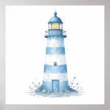 Farol em Aquarela Azul e Branco