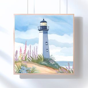 Poster Farol em Flor   Floral Aquarela Costeira