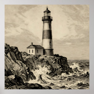Poster Farol Listrado Vintage Costa Tempestuosa