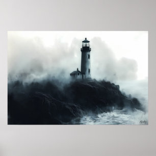 Poster Farol Místico entre Ondas do Oceano – Carvão