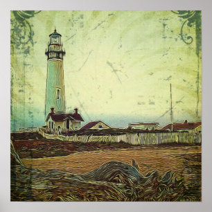 Poster farol náutico do vintage da pintura a óleo do