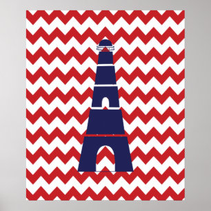 Poster Farol náutico vermelho e azul de Chevron