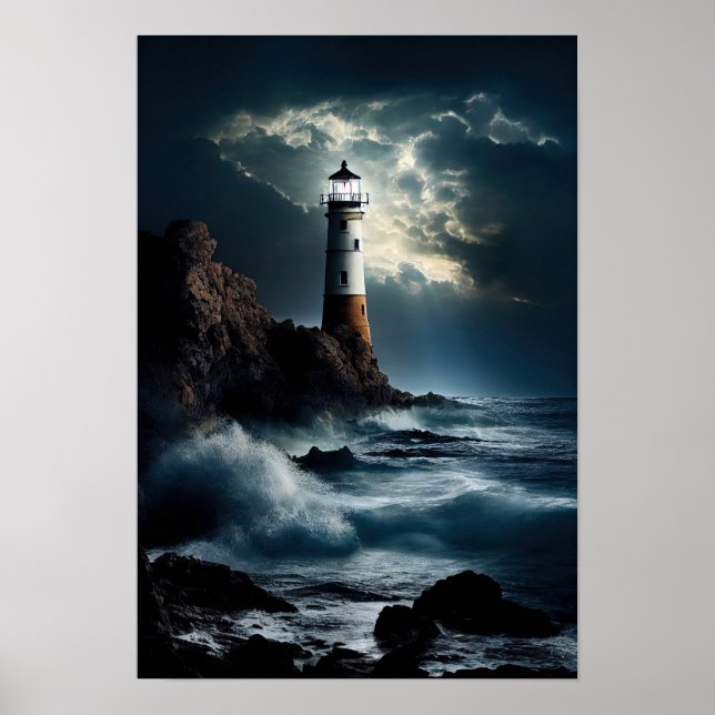 Poster Farol no Cliff Rocky com Ondas Travando (Frente)