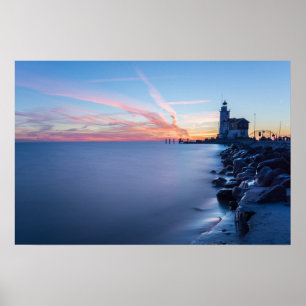Pôster Farol Paard van Marken em um nascer do sol azul