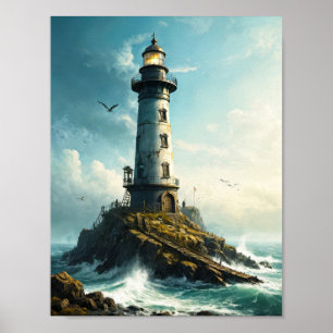 Poster Farol pacífico com gaivota no mar do norte