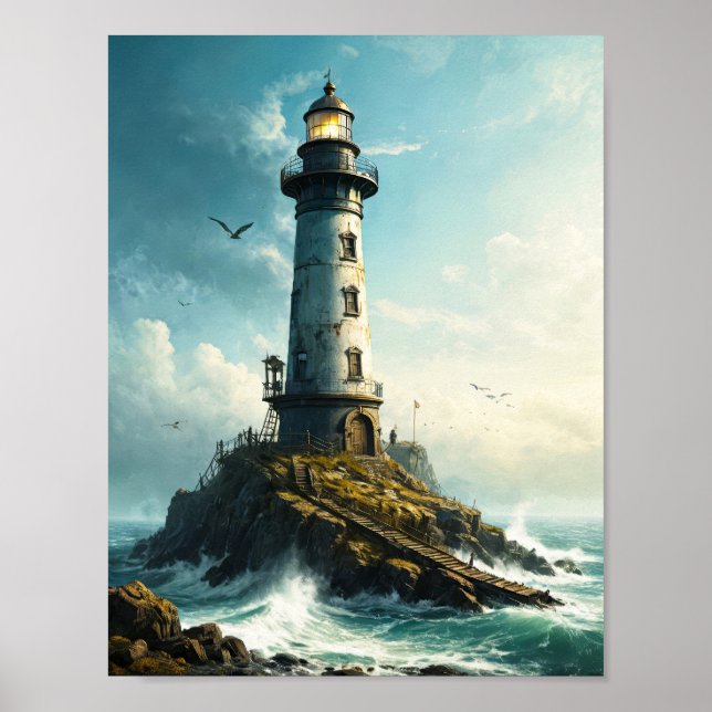 Poster Farol pacífico com gaivota no mar do norte (Frente)