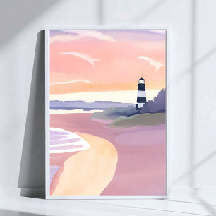 Poster Farol Pastel Aquarela da Costa da Praia
