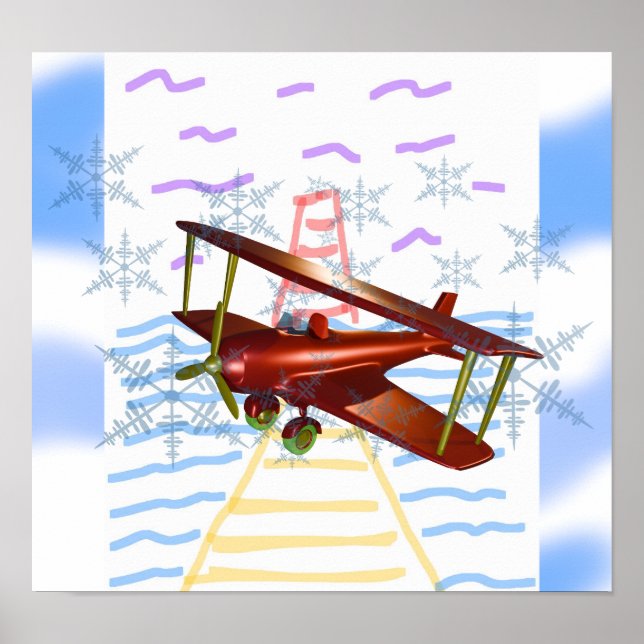 Poster Farol Pier Biplane Ondas Azuis (Frente)