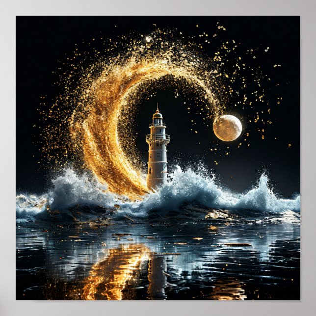 Poster 🌙 Farol sob a Lua Dourada Noite Costeira (Frente)