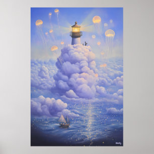 Poster Farol surreal nas nuvens e águas-vivas