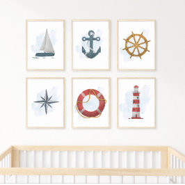 Poster Farol Vermelho Branco Azul Tema Náutico Oceano