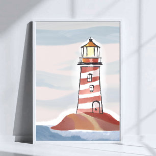 Poster Farol Vermelho e Branco   Aquarela de Oceano de Pr
