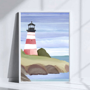 Poster Farol Vermelho   Pintura em Aquarela do Oceano Cos