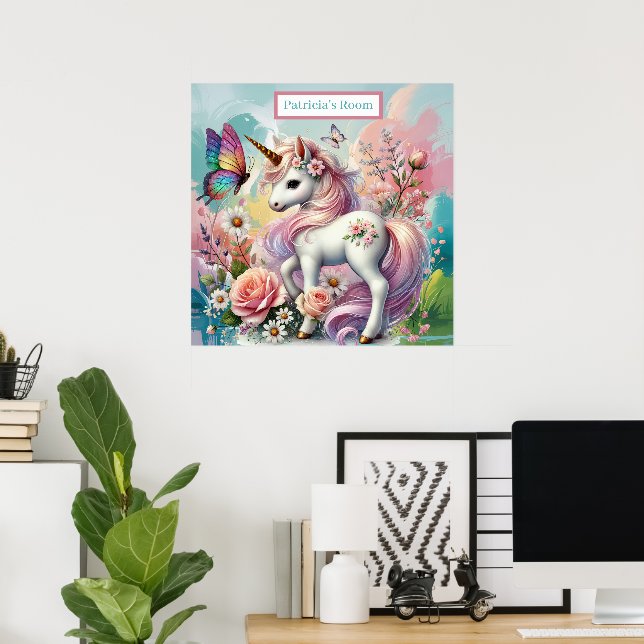 Poster Fãs de unicórnio fofo adicionam nome (Escritório em casa)