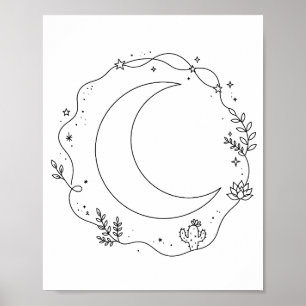 Poster Fases da Lua Boêmia em Arte de Linha Decoração Cel