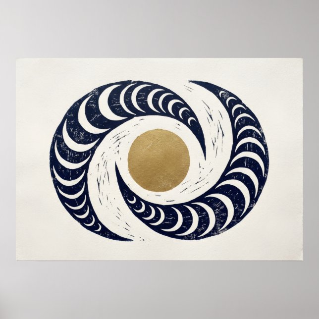 Poster Fases da Lua Espiral Ouro Azul Arte Celestial (Frente)