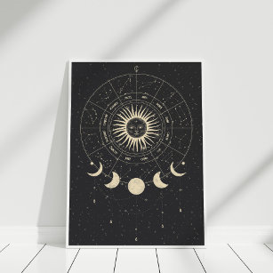 Poster Fases da Lua Negra e Beige Zodiac