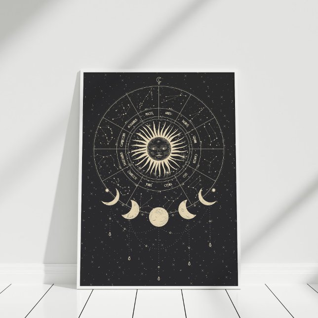 Poster Fases da Lua Negra e Beige Zodiac (Boho Black and Beige Zodiac Moon Phases Poster in a white frame against white wall.)