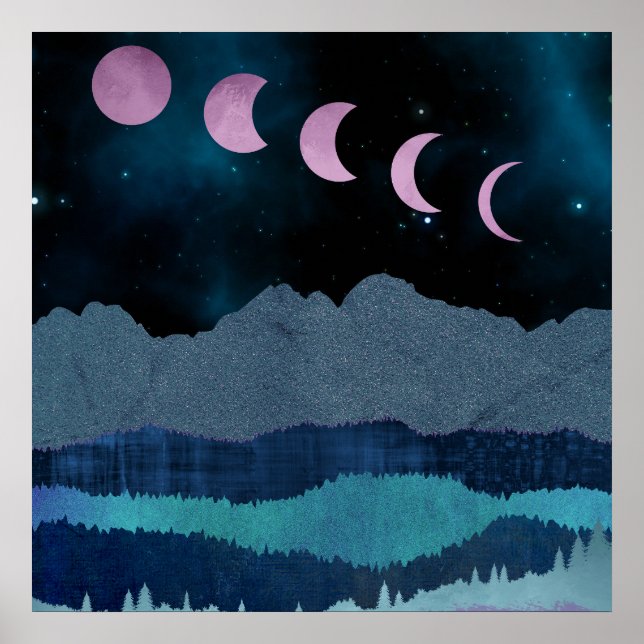 Poster Fases da Lua Rosa na Paisagem (Frente)