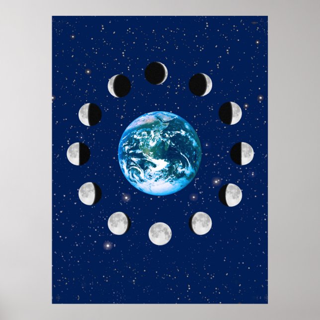 Poster Fases da Terra e da Lua, num Fundo de Estrelas (Frente)