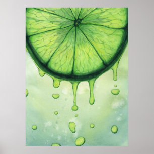 Poster Fatia de Citrino Verde Lima Pintada à Mão em Aquar