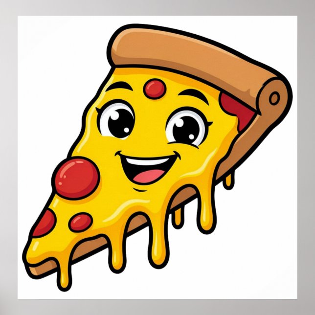 Poster Fatia de Pizza Feliz e Divertida com Queijo Elásti (Frente)