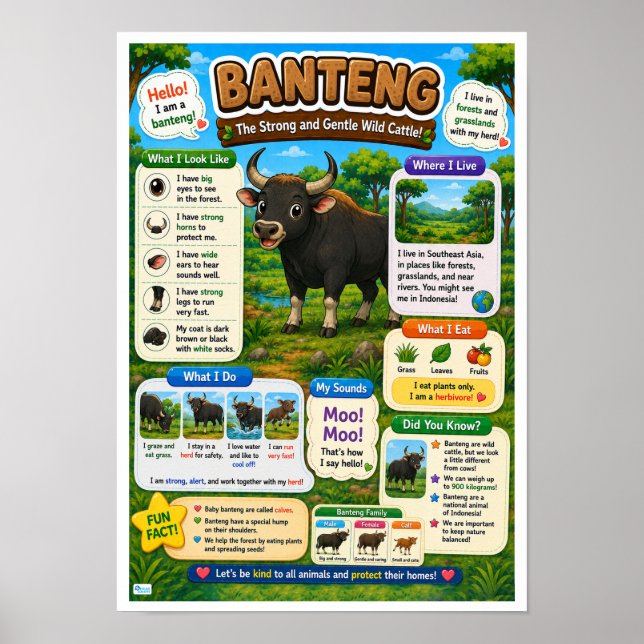 Poster Fatos Divertidos Sobre Banteng Para Crianças (Frente)