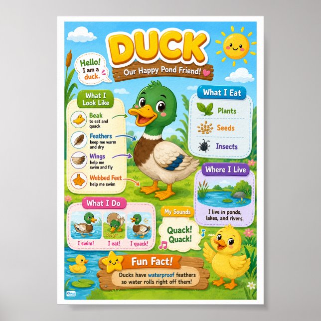 Poster Fatos Divertidos Sobre Pato Para Crianças (Frente)