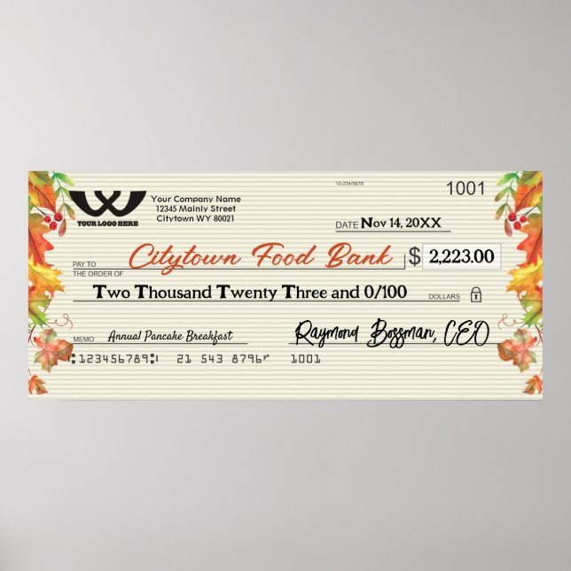 Poster Faux gigantesca charity check outono outono Ação d (Frente)