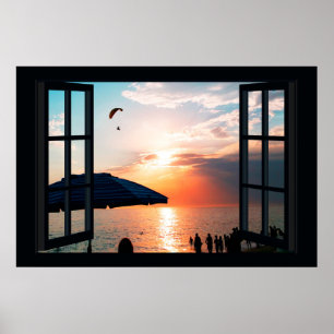 Poster Faux Window com Beach Sunset Ocean