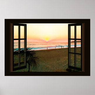 Poster Faux Window com Beach Sunset Ocean