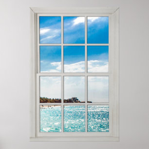Poster Faux Window White Wood Window Frame Caribbean View