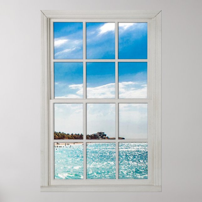 Poster Faux Window White Wood Window Frame Caribbean View (Frente)