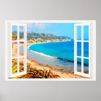Poster Faux Window with Beach Ocean