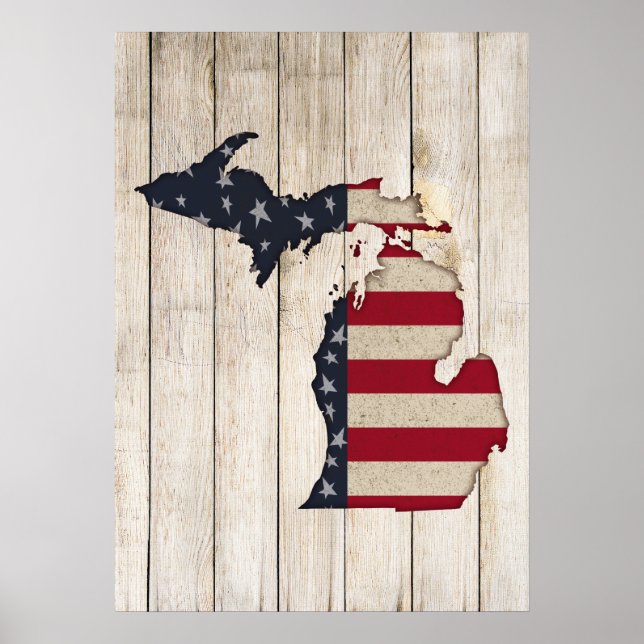 Poster Faux Wood | Americana Grunge Michigan | Patriótico (Frente)