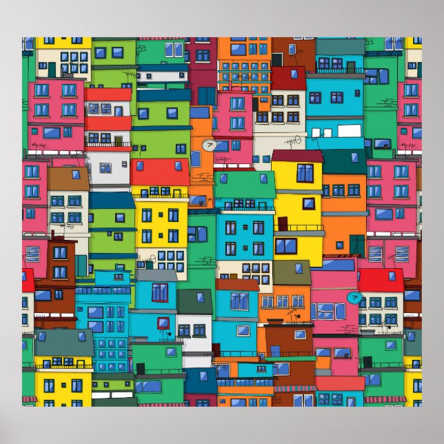 Poster favela urbana brasileira: fundo colorido. (Frente)