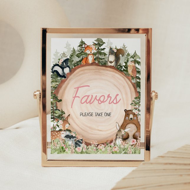 Poster Favor Da Fatia De Madeira Floral De Madeira (Floral Woodland Animals Baby Shower Favors Sign)