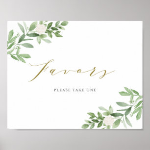 Poster Favor de festa de flores brancas e folhagens em aq