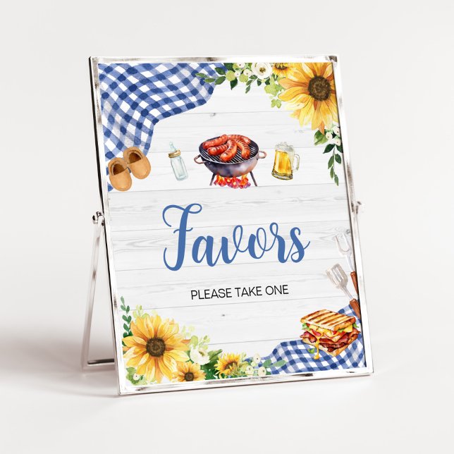 Poster Favor do Chá de fraldas de CHURRASCO de girassol a (Boy Picnic Backyard Baby Shower Favors Sign)