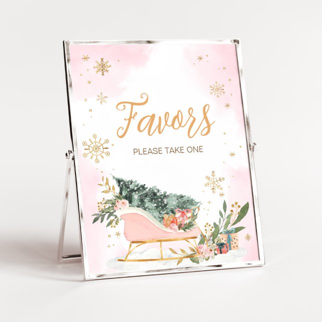 Poster Favor do Floco de Neve Dourado, Rosa-Inverno (Winter Pink Gold Snowflake Baby Shower Favors Sign)
