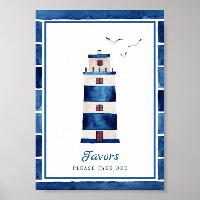 Poster Favor Náutico do Farol Azul Marinho de Aquarela (Frente)