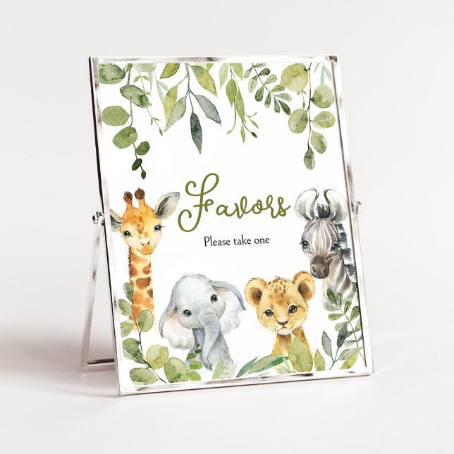 Poster Favores da Selva Safari (Greenery Animals Baby Shower Favors Sign)