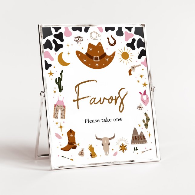Poster Favores de Chá de fraldas de Cowgirl Ocidental ros (Boho Wild West Rodeo Baby Shower Favors Sign)