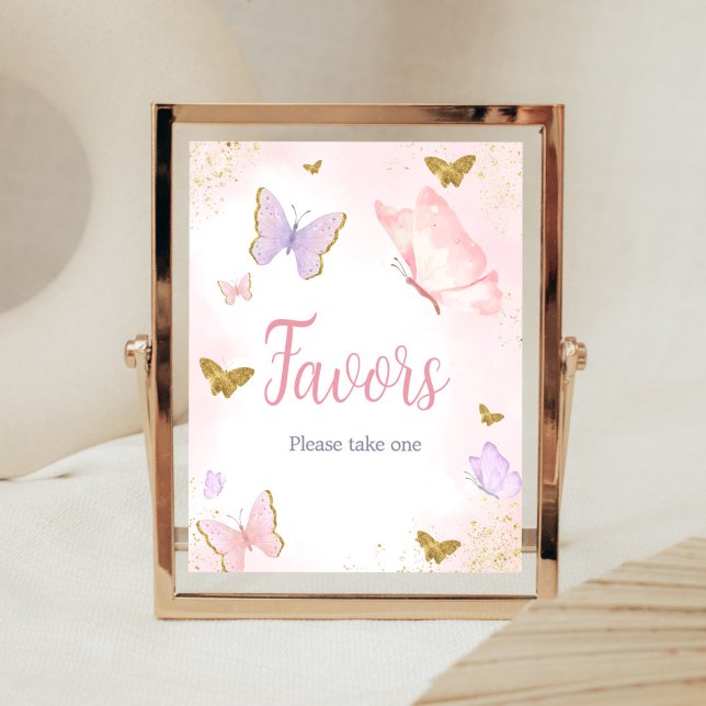 Poster Favores de Primavera de borboleta Dourada rosa (Purple Gold Butterfly Baby Shower Favors Sign)