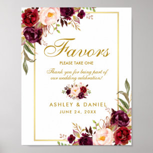 Poster Favores do Casamento Dourado Floral Burgundy