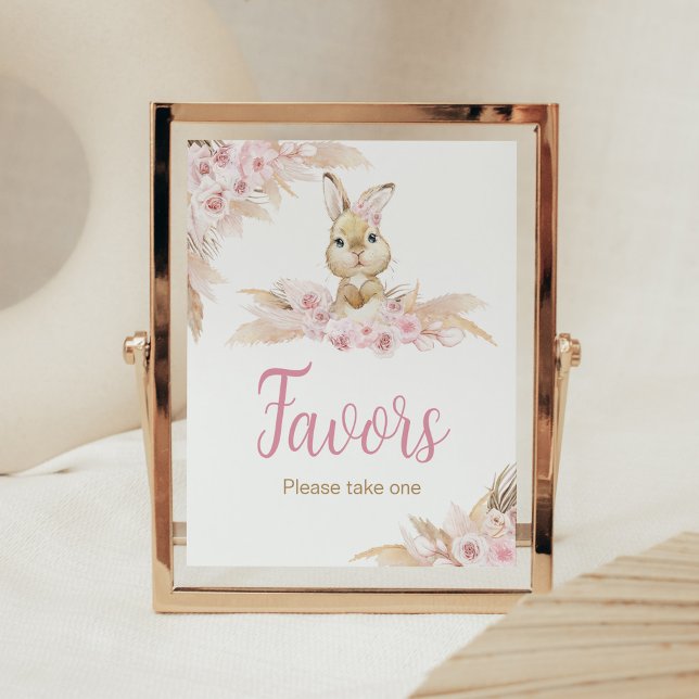 Poster Favores do Chá de fraldas Coelhinho de Boho Rosa (Pampas Grass Girl Bunny Baby Shower Favors Sign)
