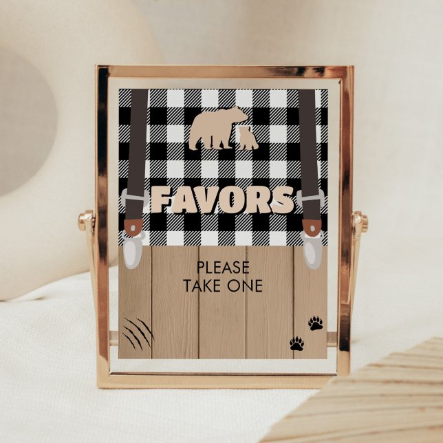 Poster Favores do Chá de fraldas de Lumberjack da Xadrez  (Plaid Lumberjack Baby Shower Favors Sign)