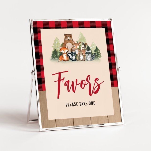 Poster Favores do Chá de fraldas Woodland Lumberjack (Plaid Lumberjack Baby Shower Favors Sign)